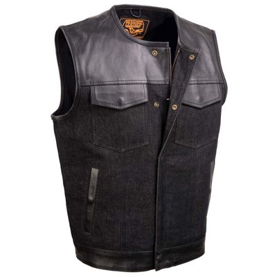 MDM3003 Men&#39;s &#39;Brute&#39; Concealed Snap Black Denim and Black Leather Club Style Vest w/ Hidden Zipper