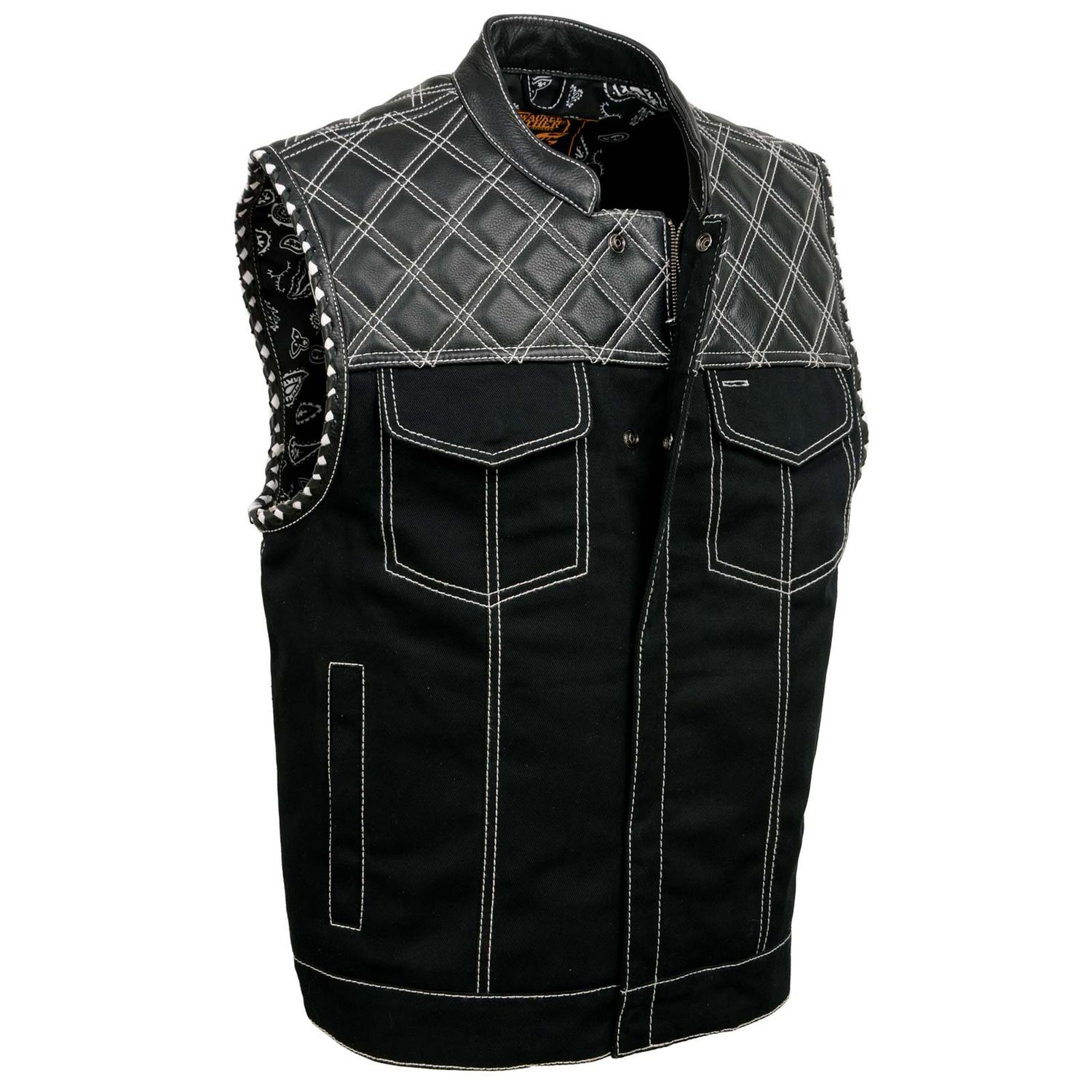 MDM3035 Men&#39;s &#39;Wrecker&#39; Black Denim and Leather Club Style Vest w/ Diamond Quilt Design