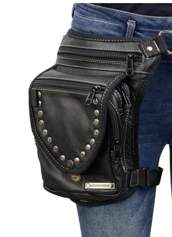MP8882 Black Conceal and Carry Leather Thigh Bag with Waist Belt