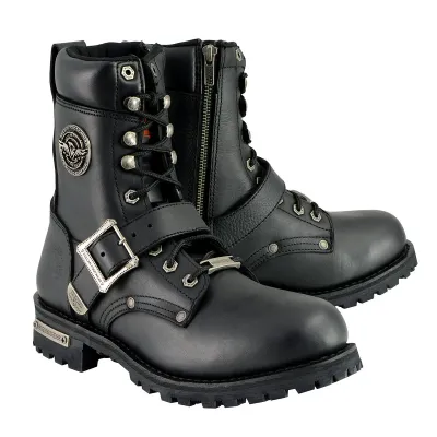 MBM101 Men's Black Leather Lace-Up Engineer Motorcycle Boots w/ Buckles and Side Zipper