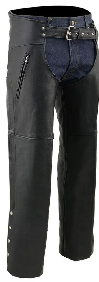 ML1190 Men's Black Leather Chaps w/ Thigh Pocket and Mesh Liner