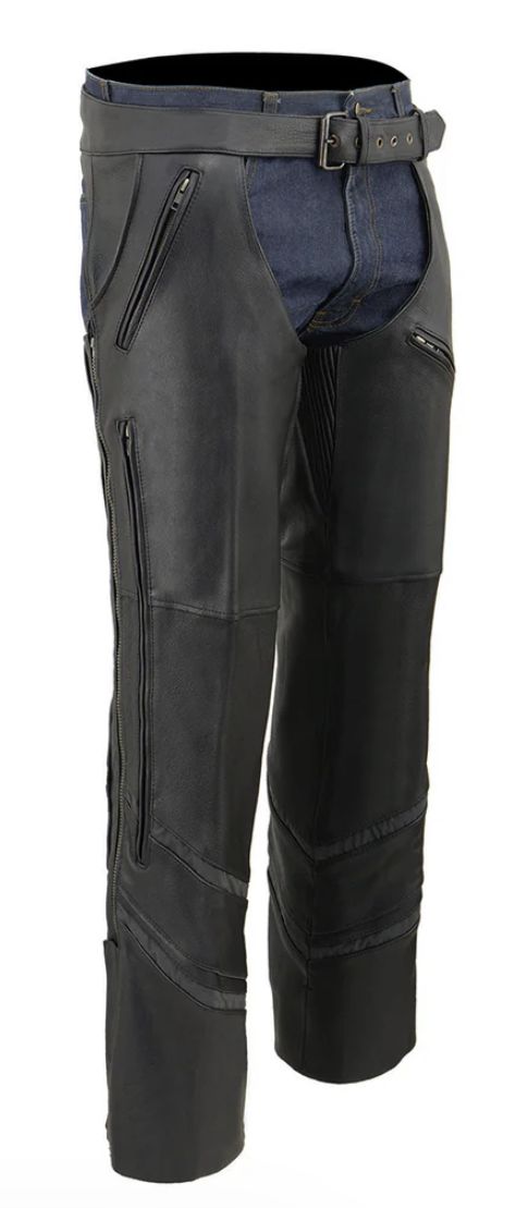ML1144 Men's Black Leather Vented Chaps w/ Reflective Piping