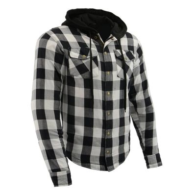 MPM1629 Men's Plaid Hooded Flannel Biker Shirt with CE Approved Armor - Reinforced w/ Aramid Fibers