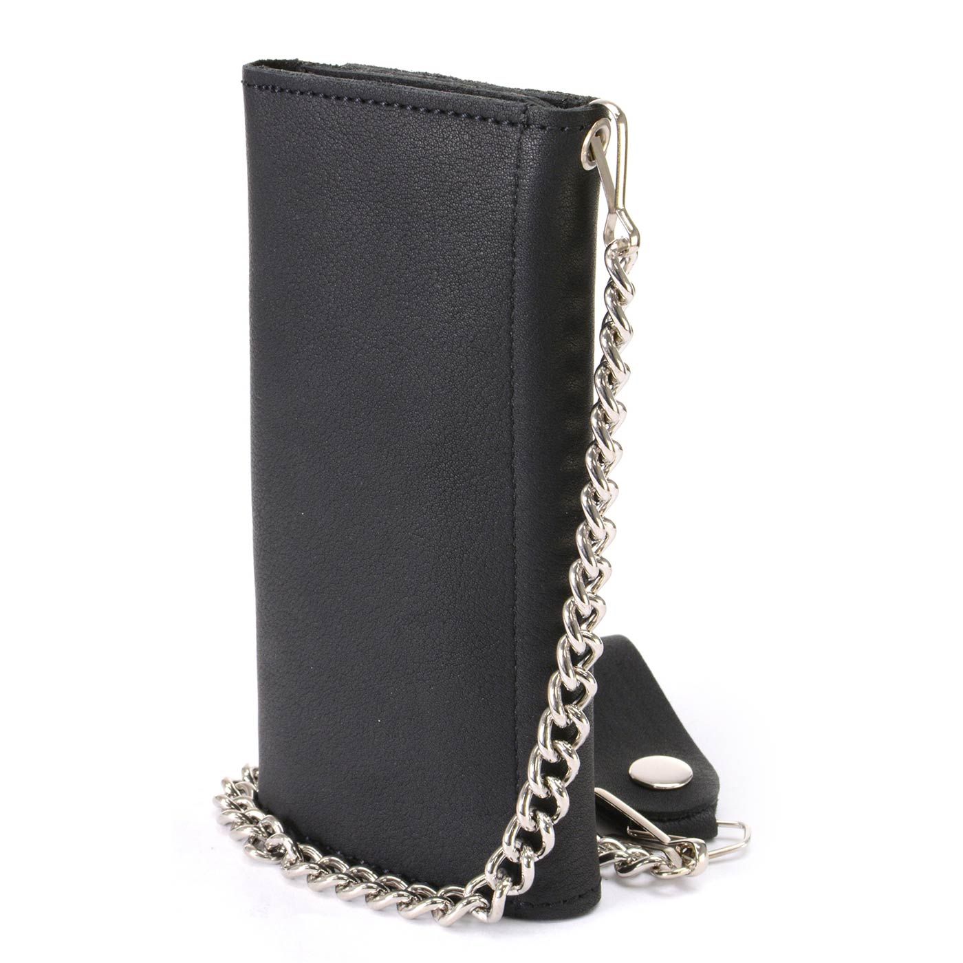 MLW7865 Men's 7" Black Soft Premium Cowhide Leather Tri Fold Wallet w/ Anti-Theft Stainless Steel Chain