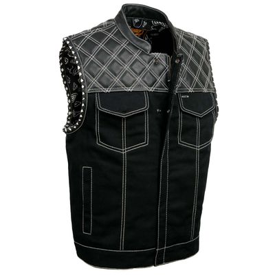 MDM3035 Men's 'Wrecker' Black Denim and Leather Club Style Vest w/ Diamond Quilt Design
