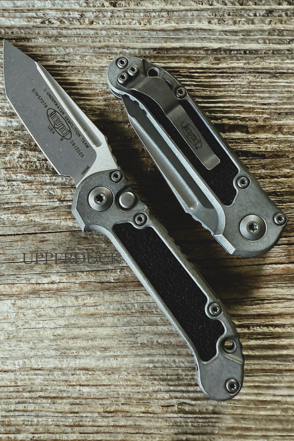 Microtech L.U.D.T. GEN III Auto Folder Knife – Apocalyptic Blade, Weathered Metal Aluminum Handle with 3M Grips (1135-10APWME)