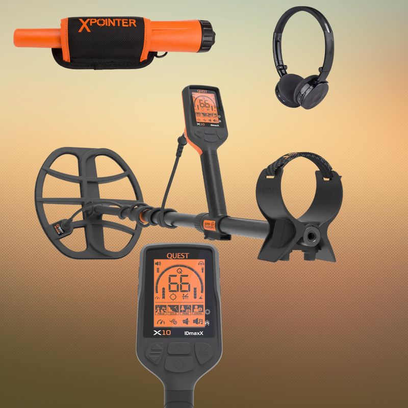 Quest X10 IDmaxX Metalldetektor mit WireFree Lite Kopfhörer und gratis XPointer Pinpointer