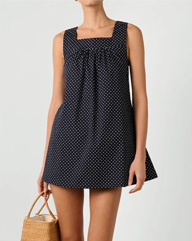 Square Neck Babydoll Mini Dress Navy Polka Dot