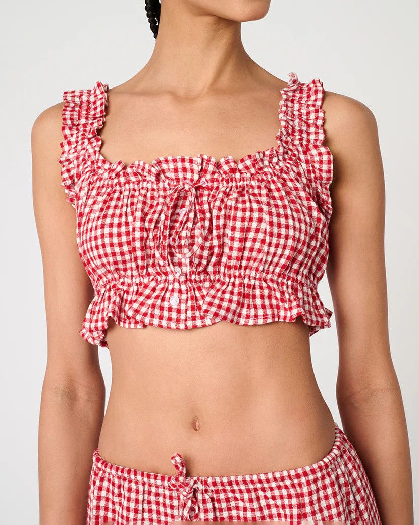 Ruffle Button Crop Red