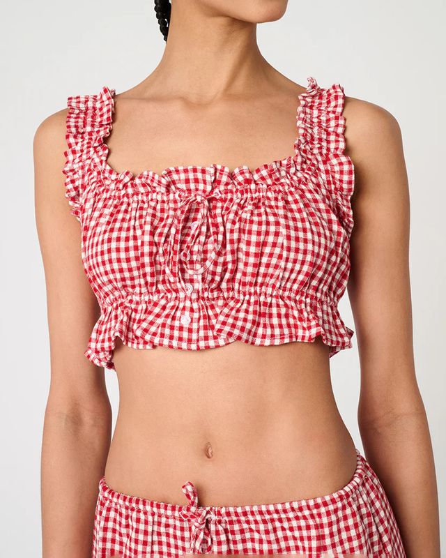 Ruffle Button Crop Red