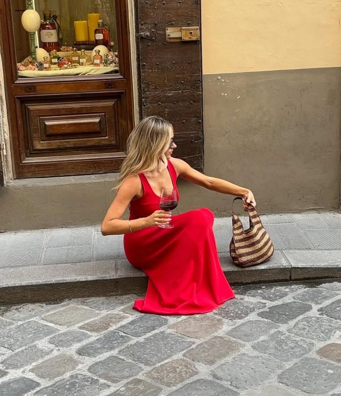 Ruched Strap Midi Red