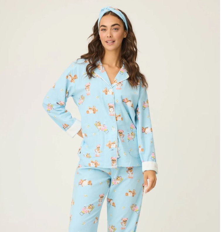 Beary Cute Bear Print Flannel PJ Set Ice Blue