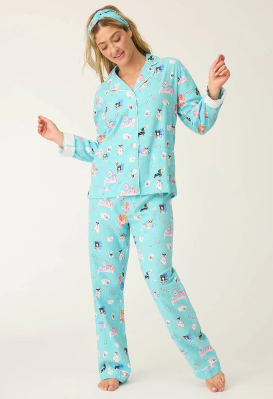 This Is How I Roll Dog Print Flannel PJ Set Turquoise