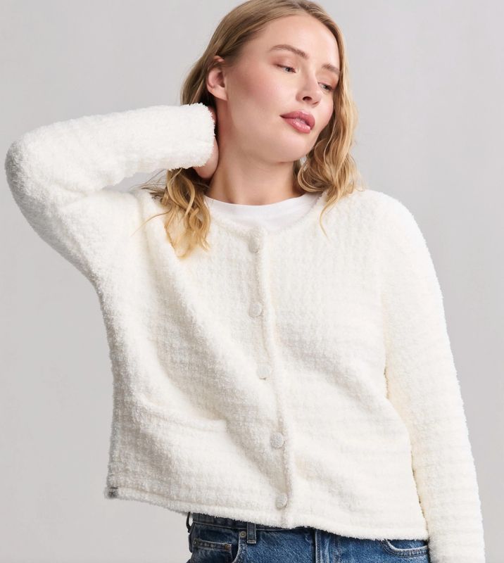 CozyChic Textured Button Front Cardigan Pearl