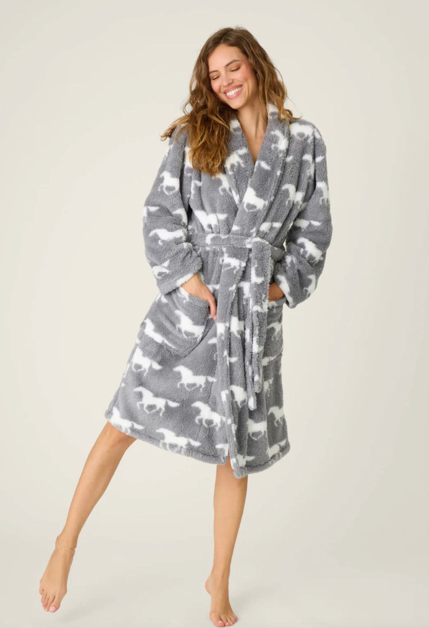 Let&#39;s Get Cozy Plush Horse Print Robe Gray