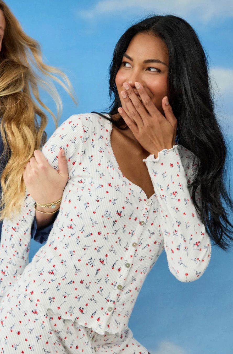 La Rose Ribbed Floral Print Cardigan Ivory
