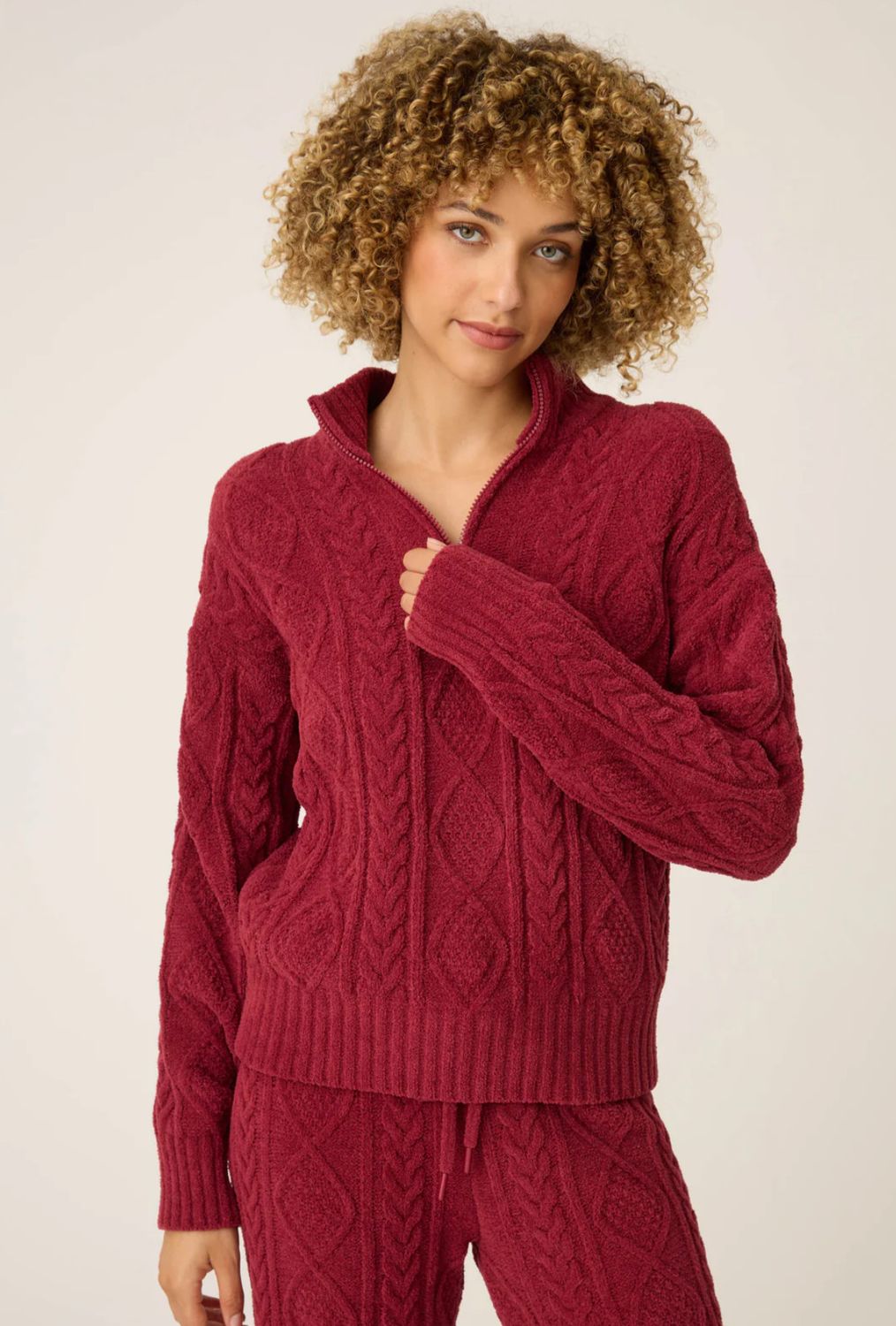 Quarter Zip Chenille Cable Knit Top Port