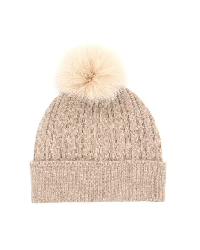 Cable Knit Hat with Fur Pom Beige