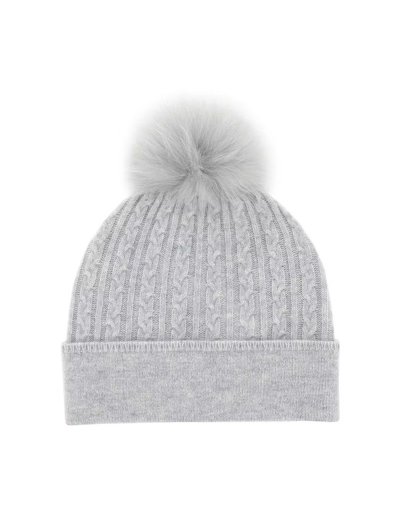 Cable Knit Hat with Fur Pom Light Grey