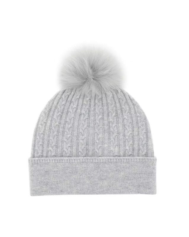 Cable Knit Hat with Fur Pom Light Grey