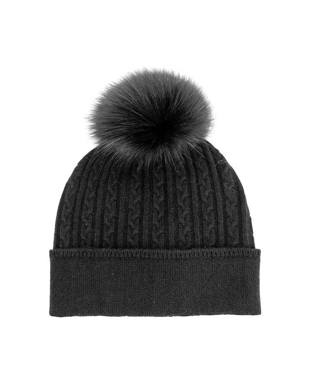 Cable Knit Hat with Fur Pom Black
