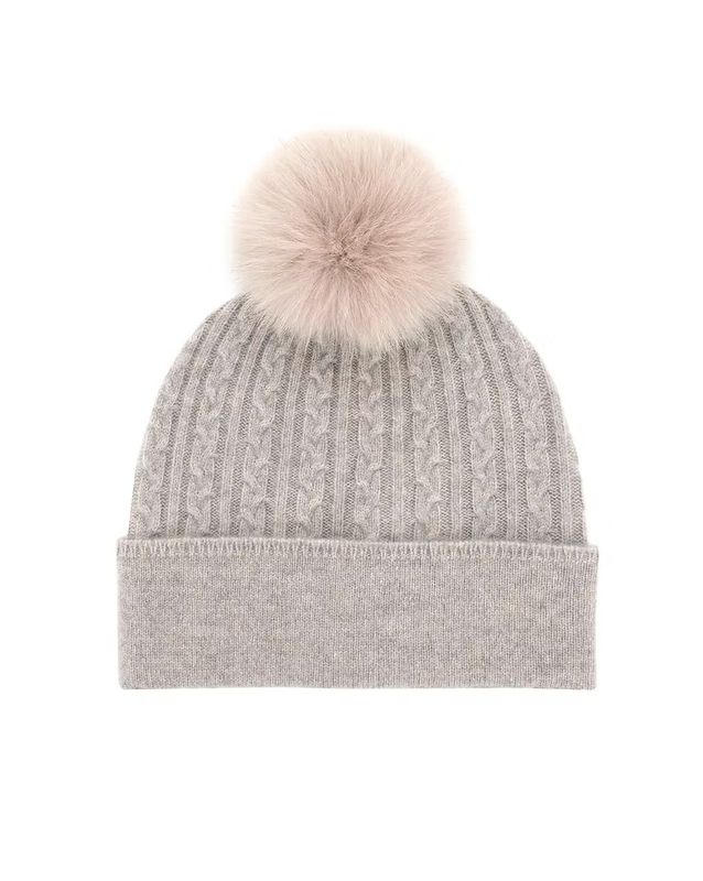 Cable Knit Hat with Fur Pom Taupe
