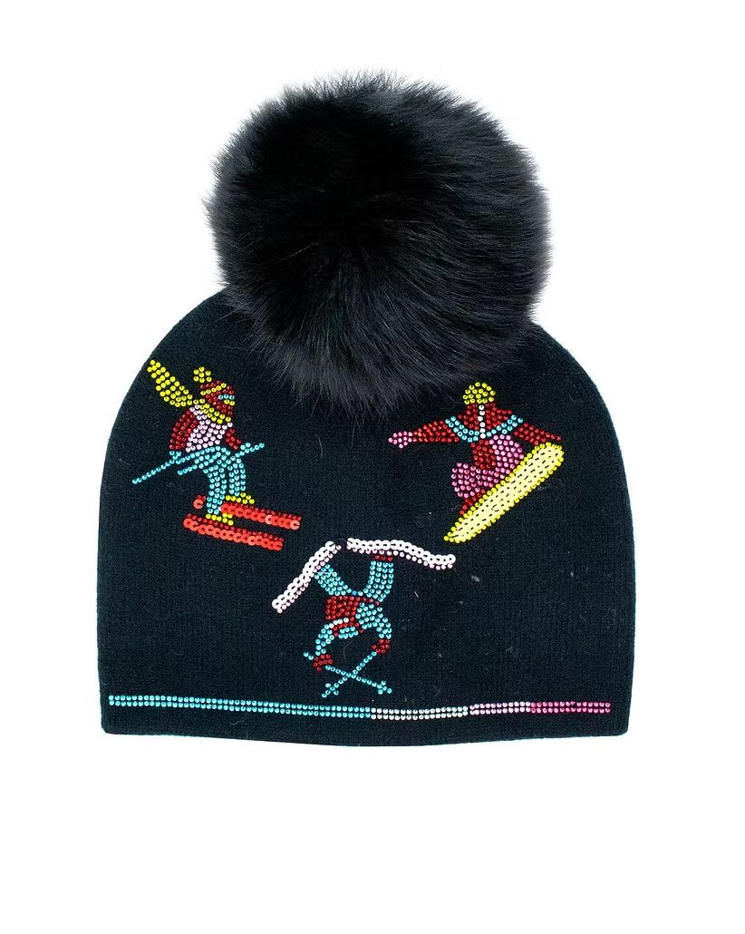 Beanie with Crystal Skiers and Fur Pom Black