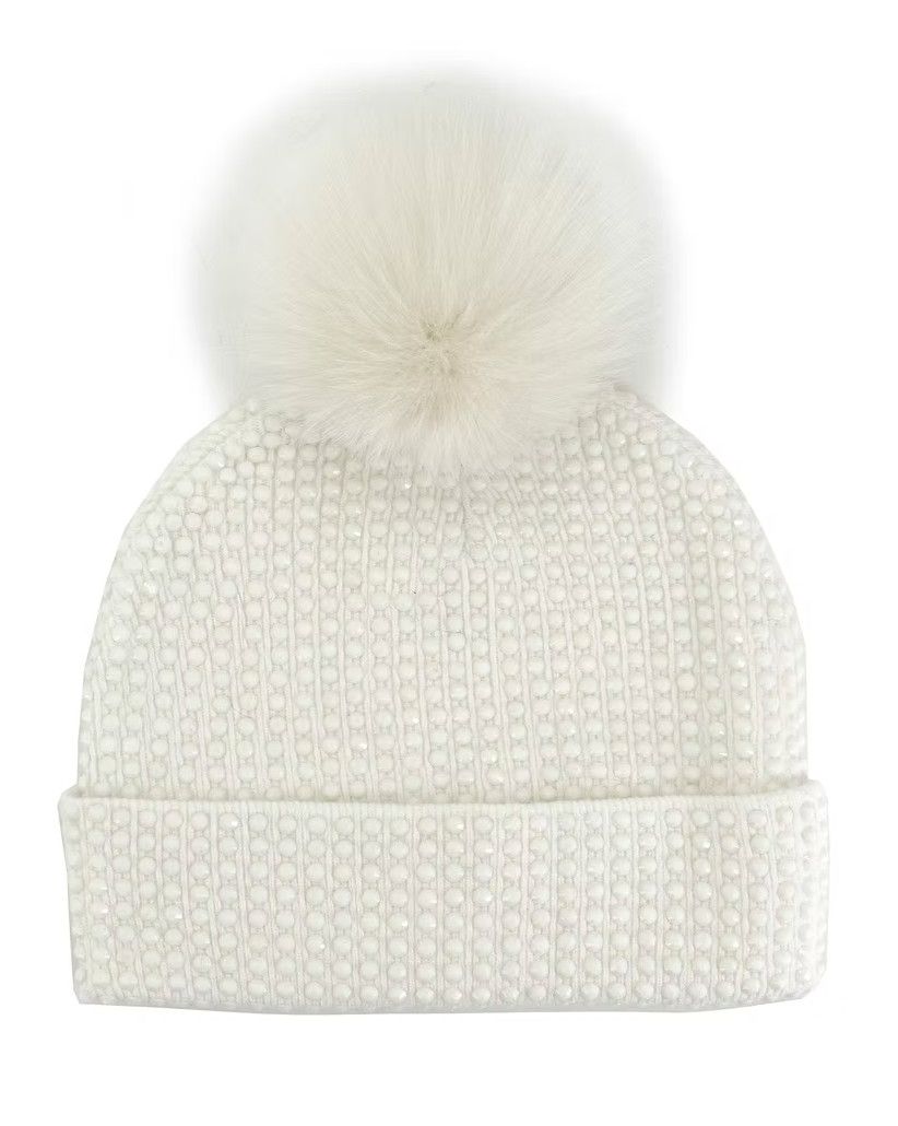 Knit Crystal Beanie with Fur Pom Ivory