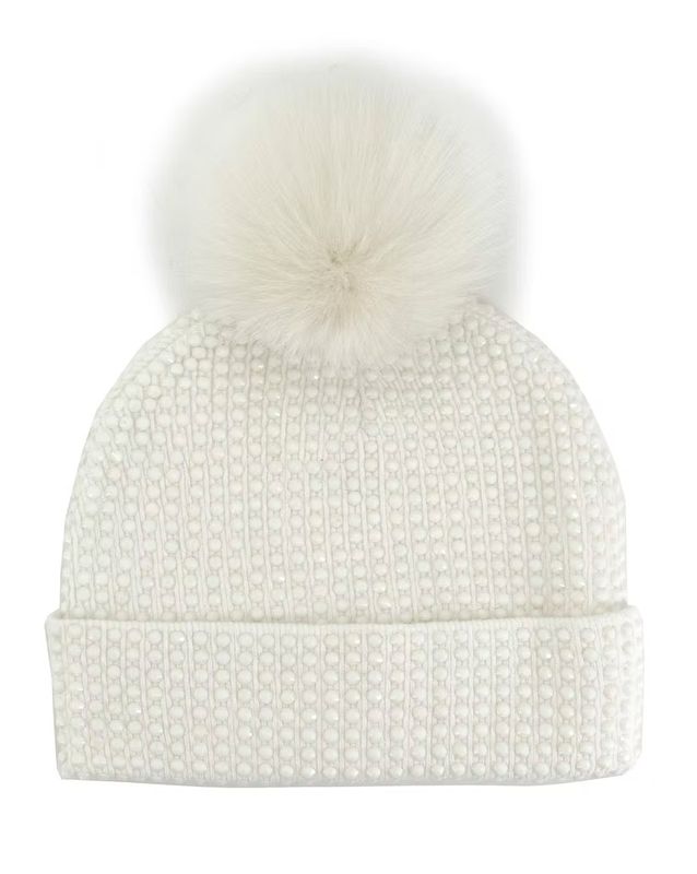 Knit Crystal Beanie with Fur Pom Ivory