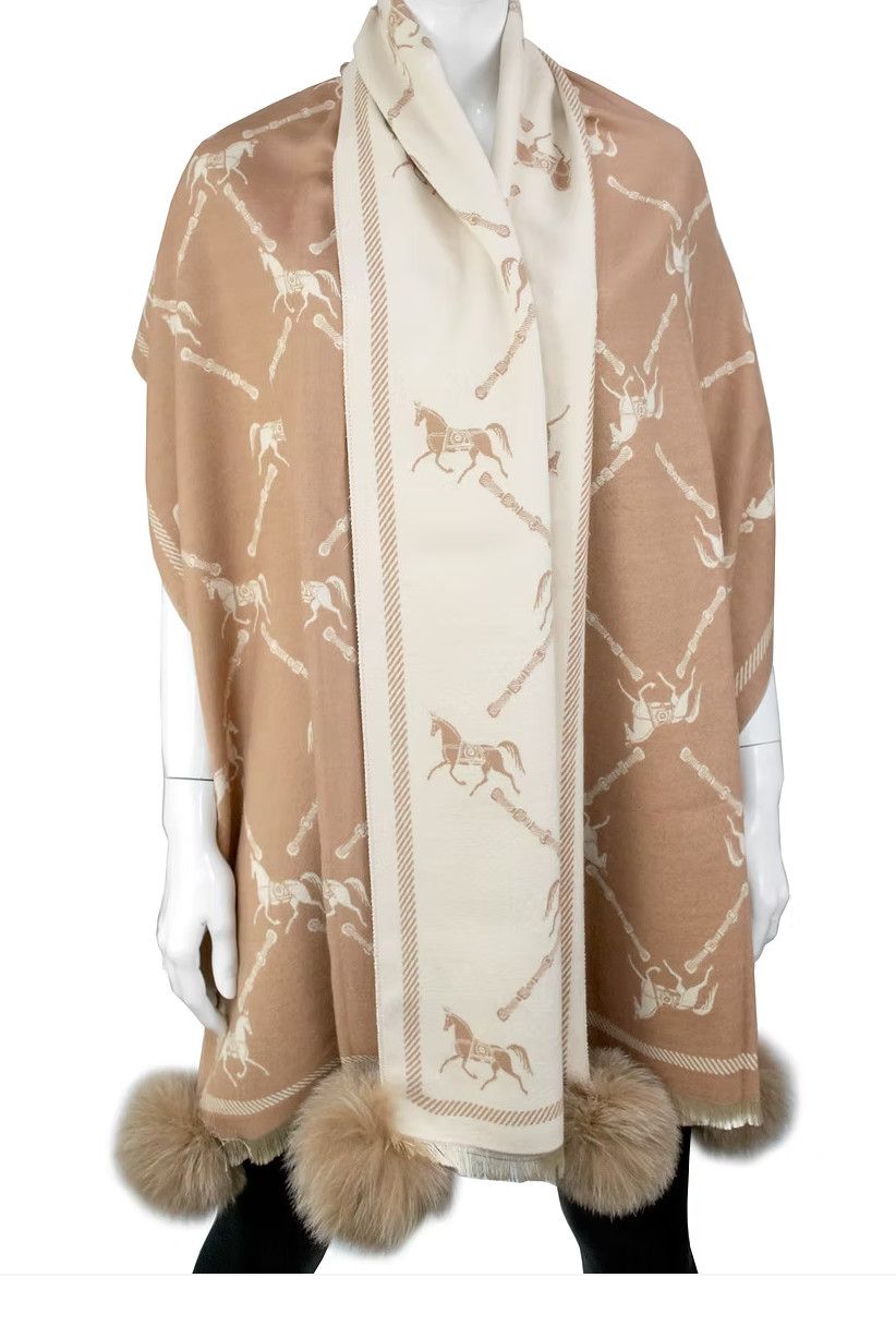 Wide Woven Horse &amp; Lattice Print Scarf with Fox Pom Beige