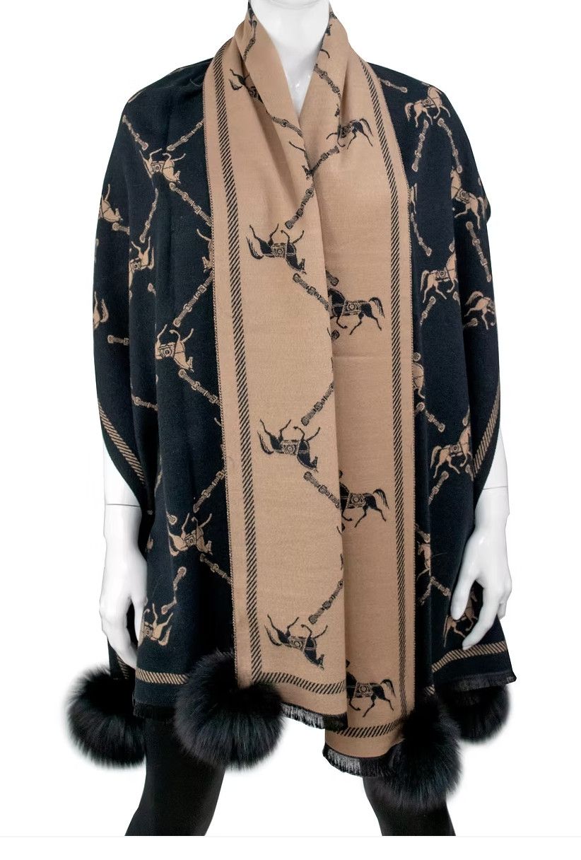 Wide Woven Horse &amp; Lattice Print Scarf with Fox Pom Black