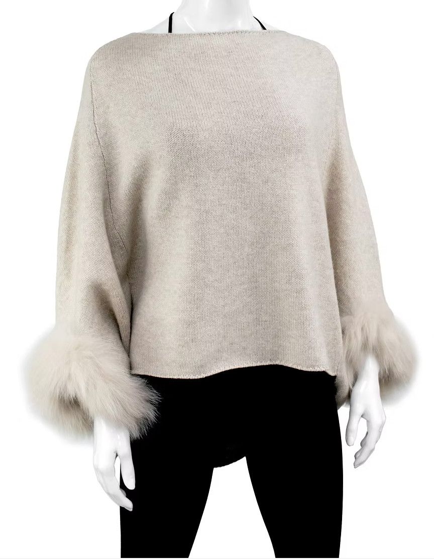 Knit Poncho with Lurex and Fox Fur Oatmeal