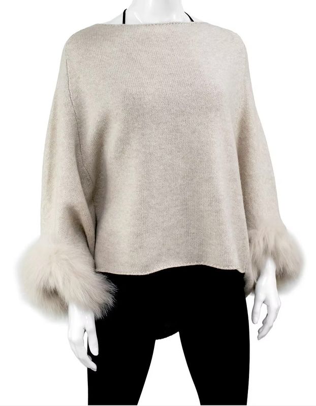 Knit Poncho with Lurex and Fox Fur Oatmeal