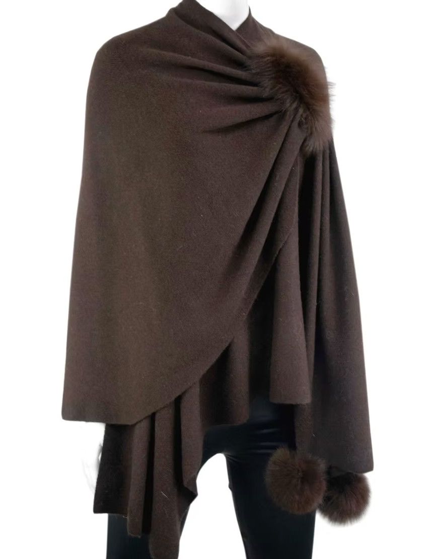 Knit Wrap with Pull Through Loop &amp; Fur Trim Brown