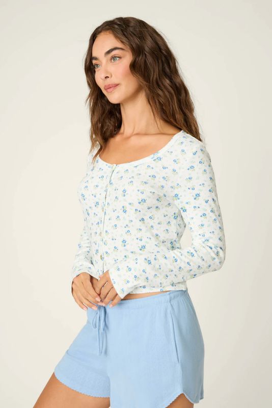 More Amour Ditsy Floral Long Sleeve Pointelle Top Ivory