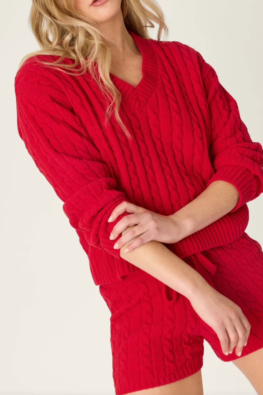 Cozy Chenille Cable Knit Red V-Neck Sweater Jester Red