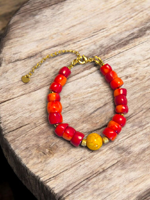 Bransoletka z agatem wężowym żółtym i koralem czerwonym