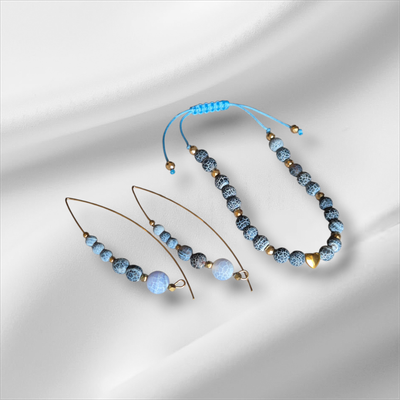 Komplet z agatem niebieskim i serduszkiem z hematytu