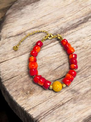 Bransoletka z agatem wężowym żółtym i koralem czerwonym