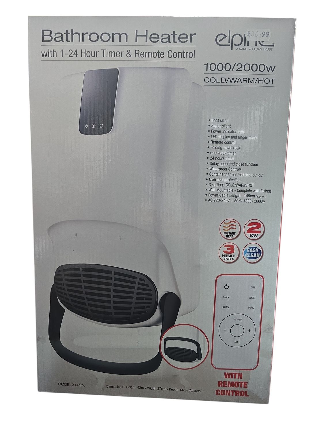 Elpine Bathroom Heater with 1-24Hr Timer