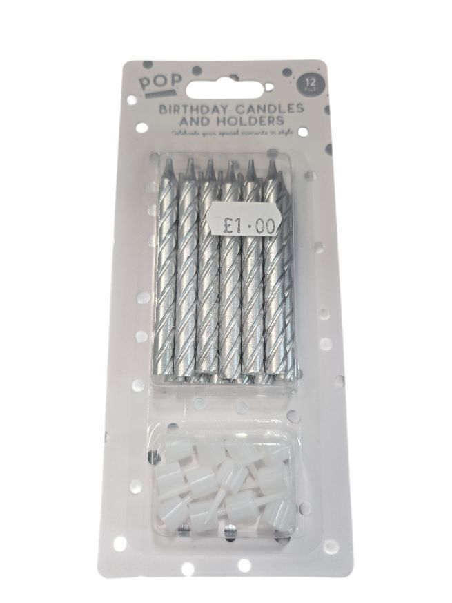 POP Birthday Candles and Holders Silver 12pk