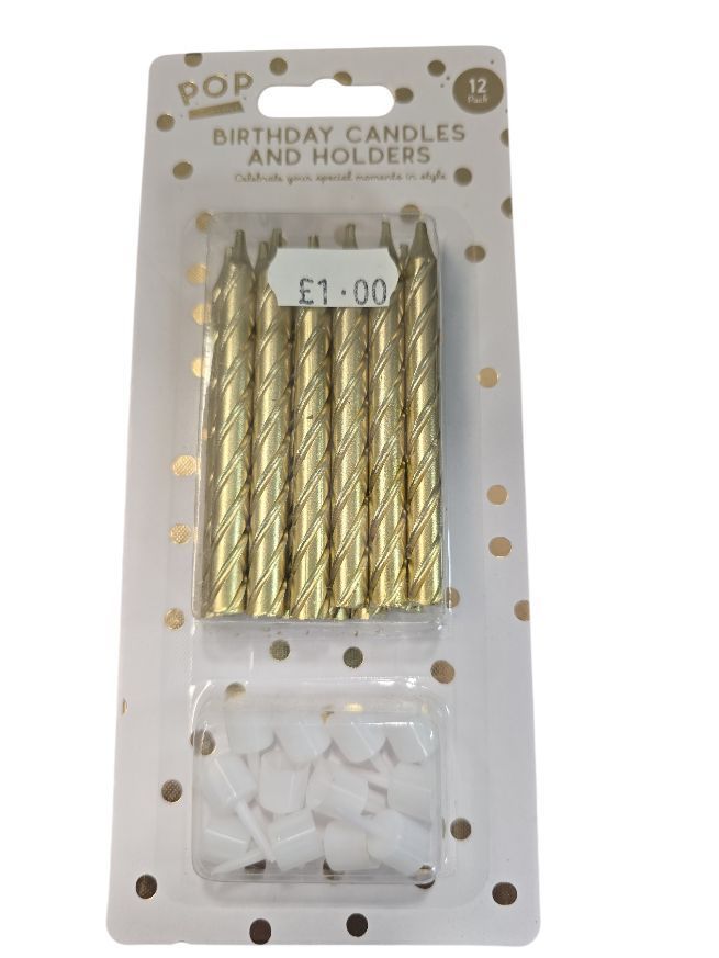 POP Birthday Candles and Holders 12pk Gold
