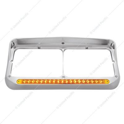 32346 Chrome Rectangular Dual Headlight Bezel With Visor & 19 LED Light Bar - Amber LED/Amber Lens