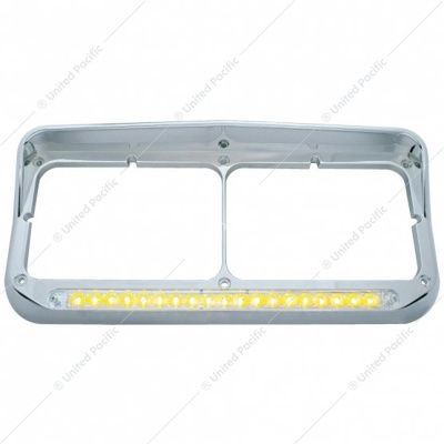32347 Chrome Rectangular Dual Headlight Bezel With Visor & 19 LED Light Bar - Amber LED/Clear Lens
