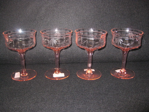 Pink Depression Etched Wine Glasses Set Of 4