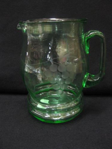 Green Depression Glass Etched Pitcher