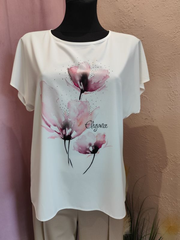 Bluzka damska z kwiatowym nadrukiem i napisem „Elegance”