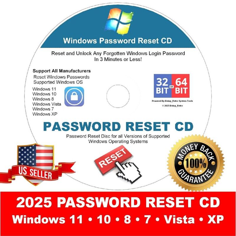 2025 Windows Password Reset CD • Reset in 3 Min. Win 11, 10, 8, 7, Vista, XP