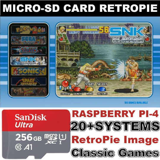 Retropie 256GB MicroSD Card for Raspberry PI 4 Retro Gaming ** 50+ Systems 12,000 Games ** Fully Loaded Retro Gaming