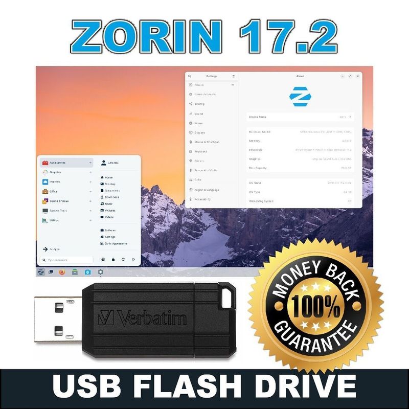 Zorin OS 17.2 Core LINUX • LATEST 64bit Live OS 64GB USB Flash Drive